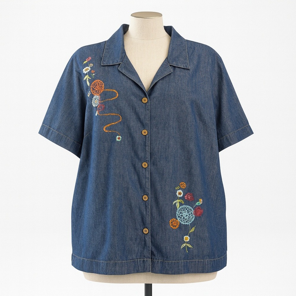 Vintage Koret Embroidered Denim Button Top Size 20 Blue Short Sleeve Cottagecore